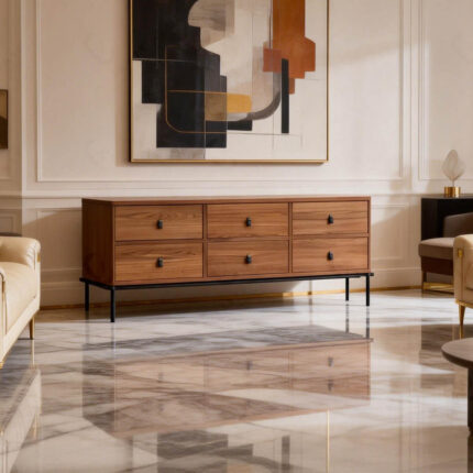 FD-BG08 Modern Luxury Walnut Sideboard with 6 Drawers and Black Metal Legs