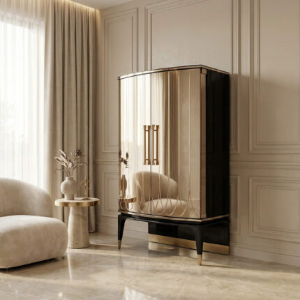 VIS-DSG10 Luxury Art Deco Wine Cabinet with Mirrored Doors and Gold Accents