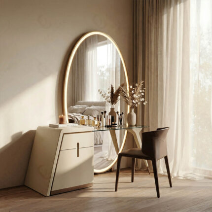 VIS-SZT04 Modern Luxury Curved Vanity Table with Glass Top and Drawers