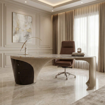 VIS-SZ17 Luxury Curved Executive Desk with Marble Top and Storage - Modern Asymmetric Office Desk