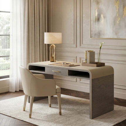 VIS-SZ22 Modern Curved Executive Desk with Storage Drawer – Luxury Upholstered Home Office Workstation