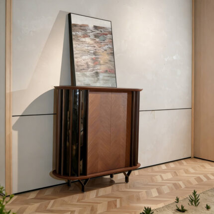 CBG04 Luxury Curved Wine Cabinet with Herringbone Detail & Glass Display Sides