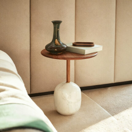 FD-BJ01 Modern Round Side Table with Marble Base – Sculptural Wood Accent Table for Living Room & Bedroom